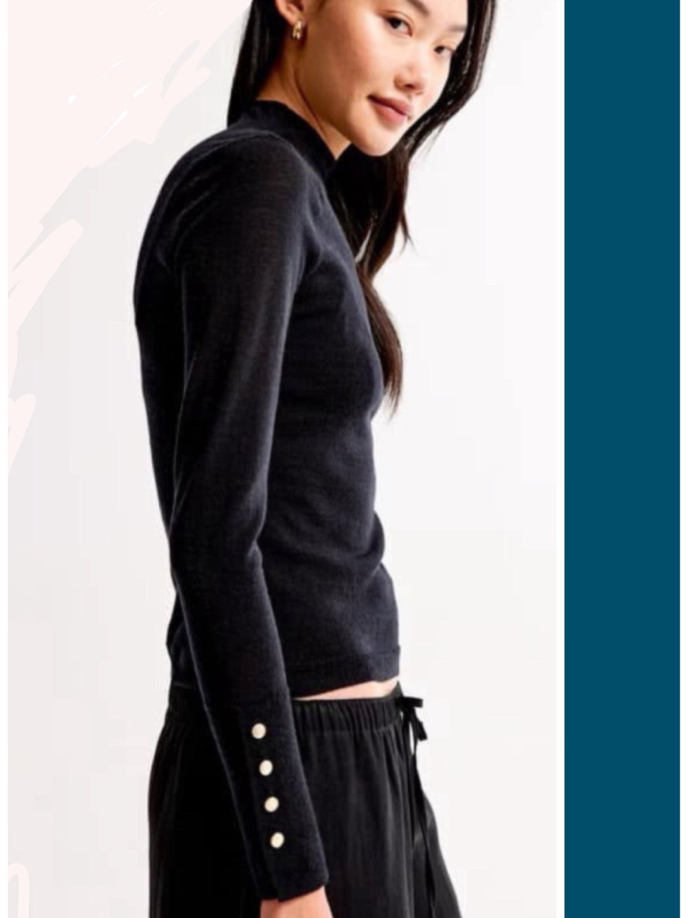 Abercrombie & Fitch 100% Marino Wool Button Sleeve Mock Neck Sweater Black M NWT
